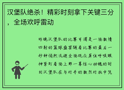 汉堡队绝杀！精彩时刻拿下关键三分，全场欢呼雷动
