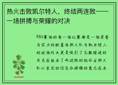 热火击败凯尔特人，终结两连败——一场拼搏与荣耀的对决